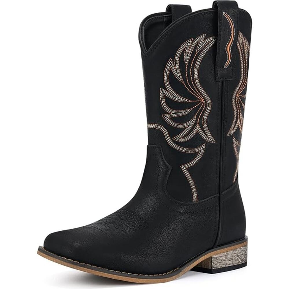 Rollda Boys Size 1 Black Faux Leather Embroidered Low Heel Western Cowboy Boots